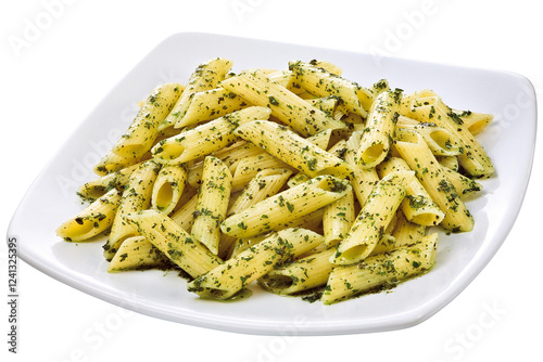 prato com penne ao molho de pesto de manjericão isolado em fundo transparente
