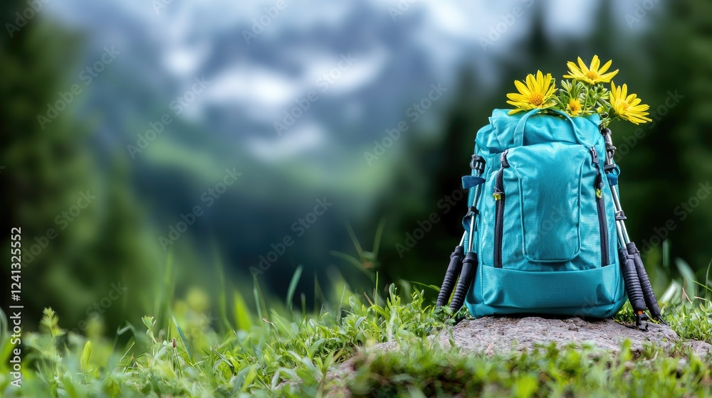 Hiking backpack with wildflowers, mountain backdrop, travel adventure Hiking backpack with wildflowers, mountain backdrop, travel adventure