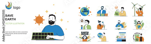 Save Earth concept with character situations mega set in flat web design. Bundle of scenes people collecting and separating garbage, protecting nature, using eco technology. Vector illustrations.