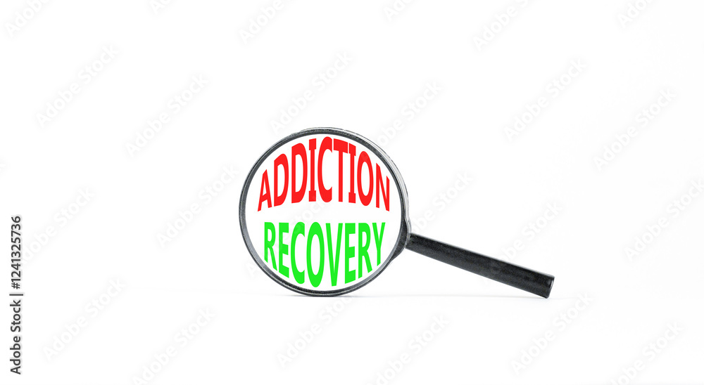 Addiction recovery symbol. Concept words Addiction recovery on beautiful black magnifying glass. Beautiful white table white background. Psychology addiction recovery concept. Copy space. Addiction recovery symbol. Concept words Addiction recovery on beautiful black magnifying glass. Beautiful white table white background. Psychology addiction recovery concept. Copy space.