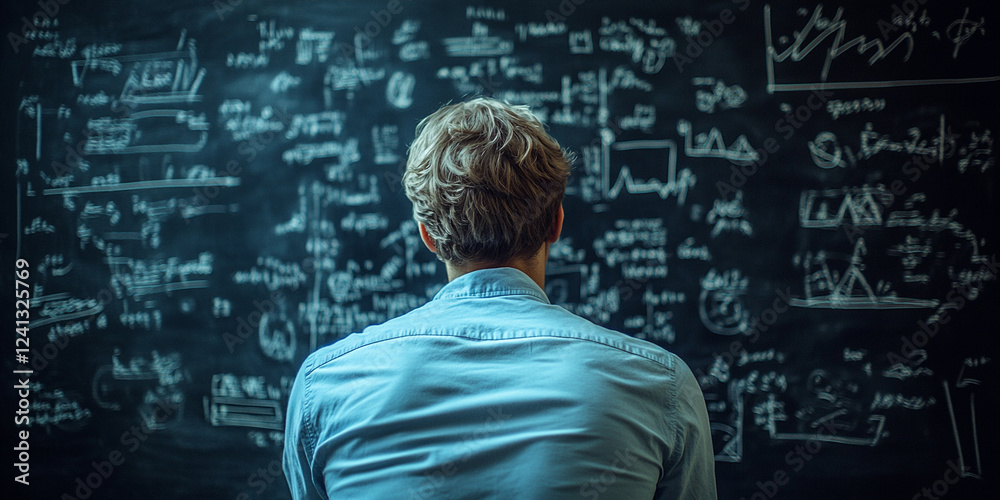 Person studying complex mathematical equations on a blackboard in a classroom during daytime, showcasing a deep focus on learning new concepts Person studying complex mathematical equations on a blackboard in a classroom during daytime, showcasing a deep focus on learning new concepts