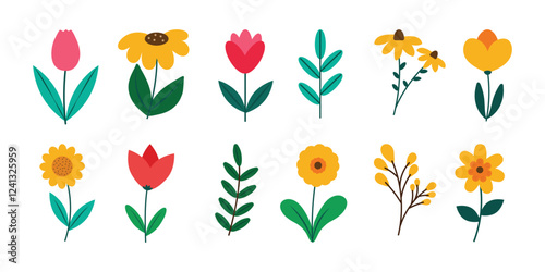 Vector colorful flower collection, spring flower set, flower icon set.