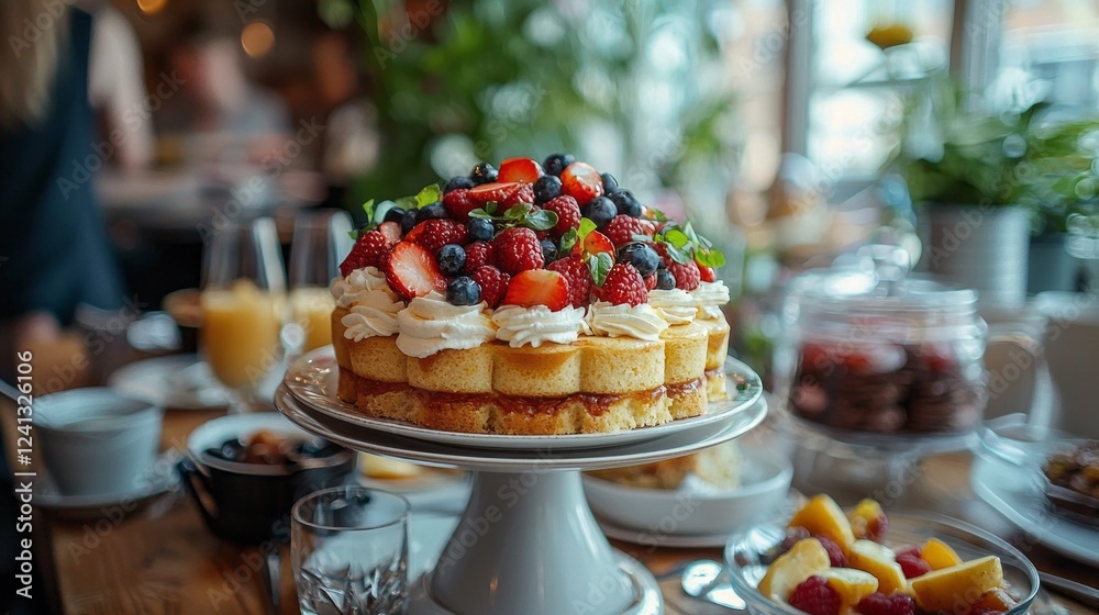 An exquisite cake layered with cream and topped with an array of fresh strawberries, blueberries, and raspberries draws attention in a bustling cafe filled with cheerful customers enjoying their day An exquisite cake layered with cream and topped with an array of fresh strawberries, blueberries, and raspberries draws attention in a bustling cafe filled with cheerful customers enjoying their day