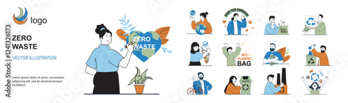 Zero waste concept with character situations mega set in flat web design. Bundle of scenes people taking care of global environment, sorting garbage, using eco shopping bags. Vector illustrations.