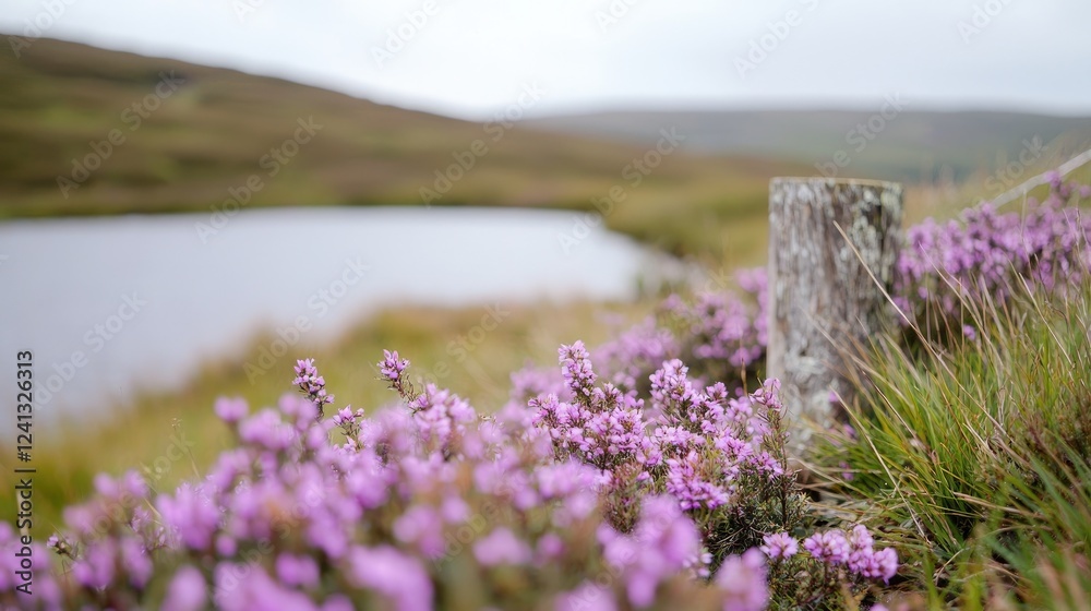 Obraz premium Purple heather flowers bloom near a rustic wooden fence post by a quiet lake in the rolling hills.