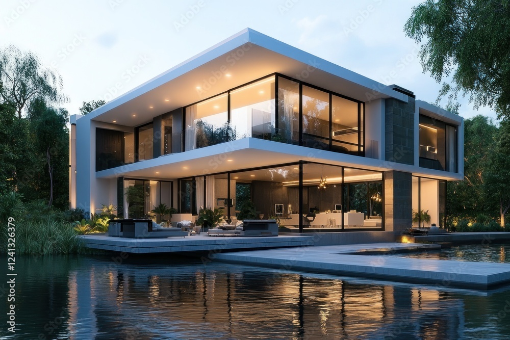 Fototapeta premium Elegant contemporary villa with illuminated interiors, surrounded by water, and featuring open living spaces under a twilight sky