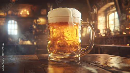 A traditional beer stein filled with golden lager, sitting on a wooden tavern table.