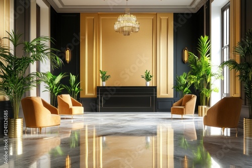Luxurious hotel lobby with gold accents, plush seating, marble flooring, and lush green plants creating an opulent and welcoming atmosphere.
