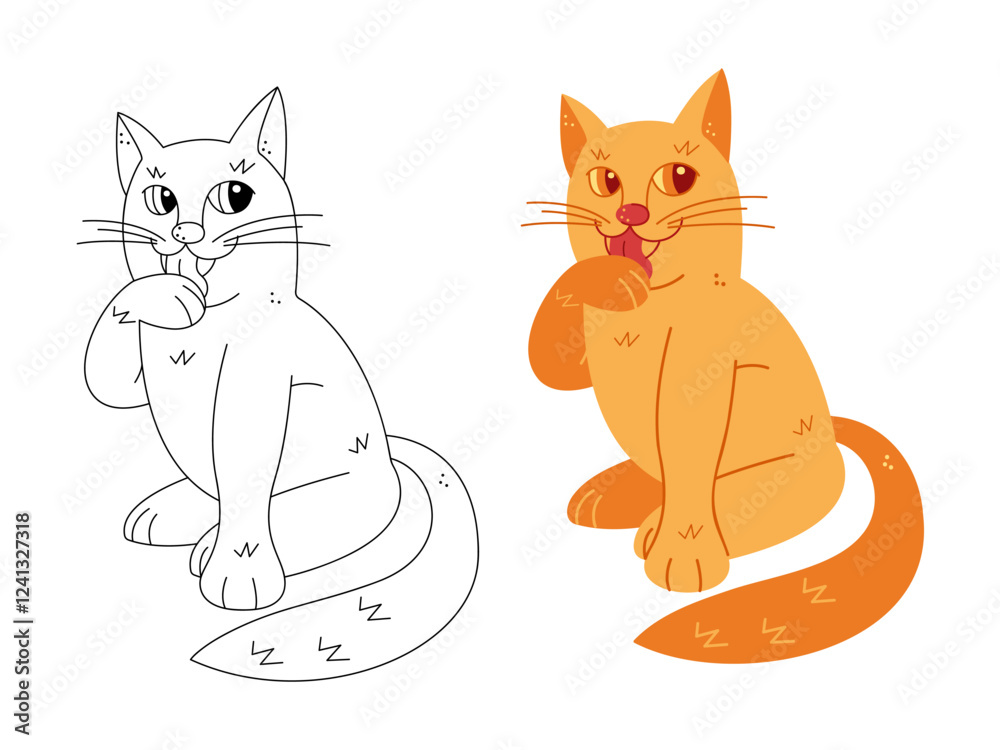 Obraz premium Two cute cats lick their paw. Hand drawn clip art for your project.