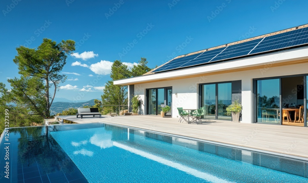 Fototapeta premium Sustainable modern home with solar panels, infinity pool, and mountain views in a serene setting