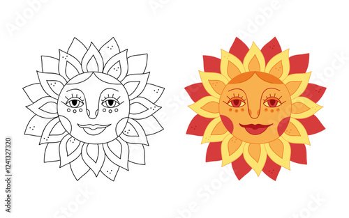 Two suns with a face for Shrovetide, black and colored. Hand drawn clip art for your project.