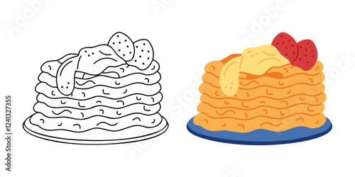 Two stacks of pancakes with strawberries and cream on a plate. Hand drawn clip art for your project.