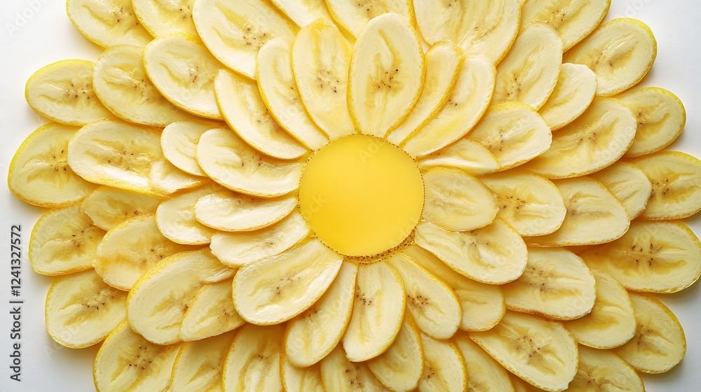 Banana slices form flower pattern on white surface for food Banana slices form flower pattern on white surface for food