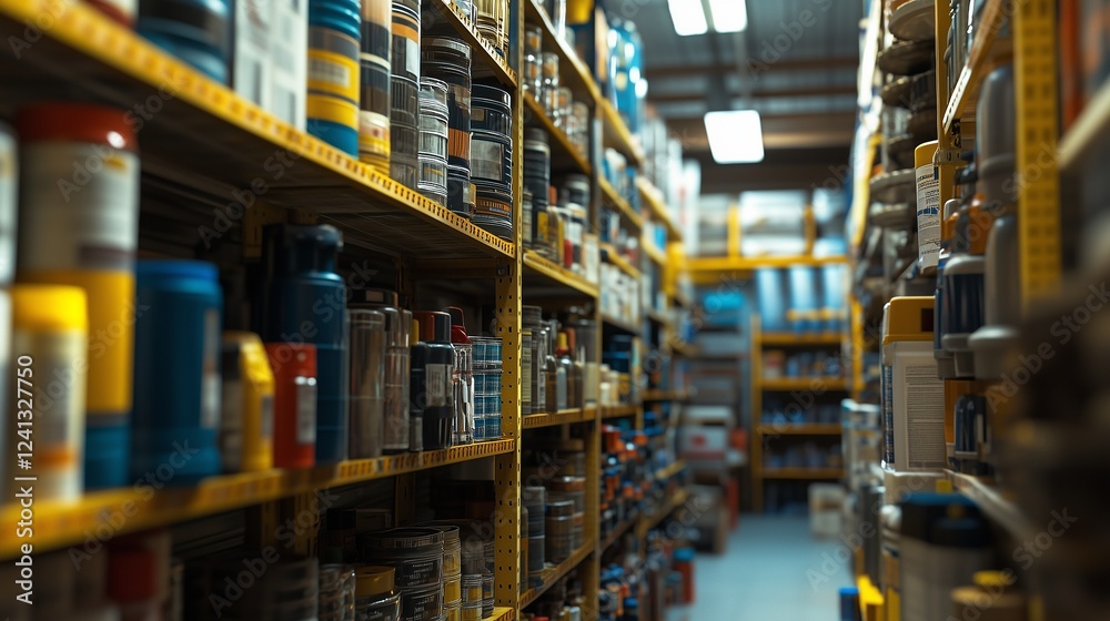 Fototapeta premium Industrial storage aisle filled with neatly organized containers and bottles on yellow metal shelves