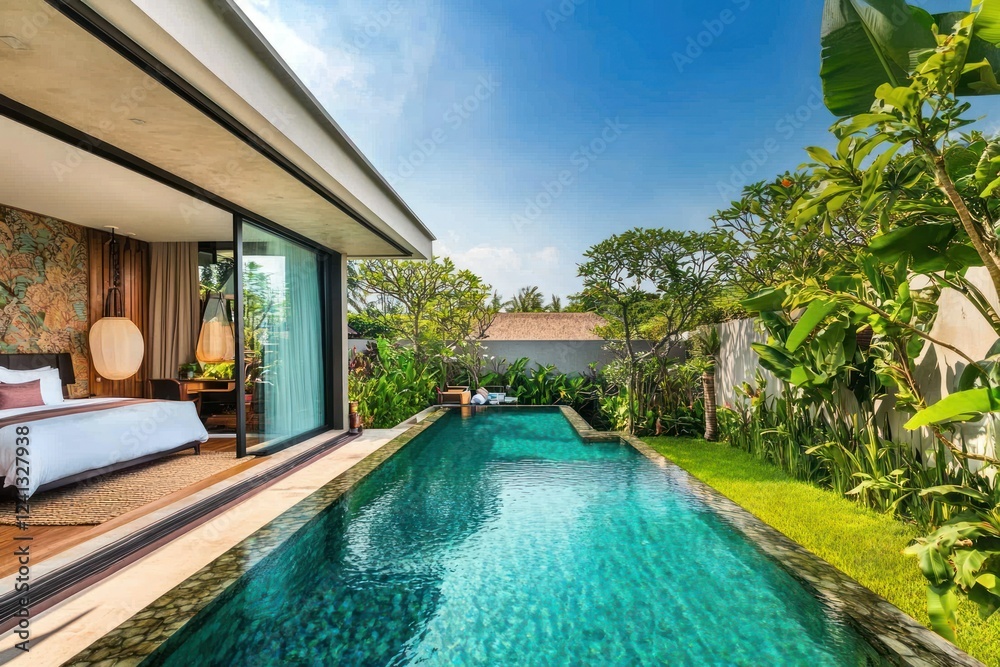 Obraz premium Tropical villa with private pool surrounded by lush greenery and a sunny blue sky