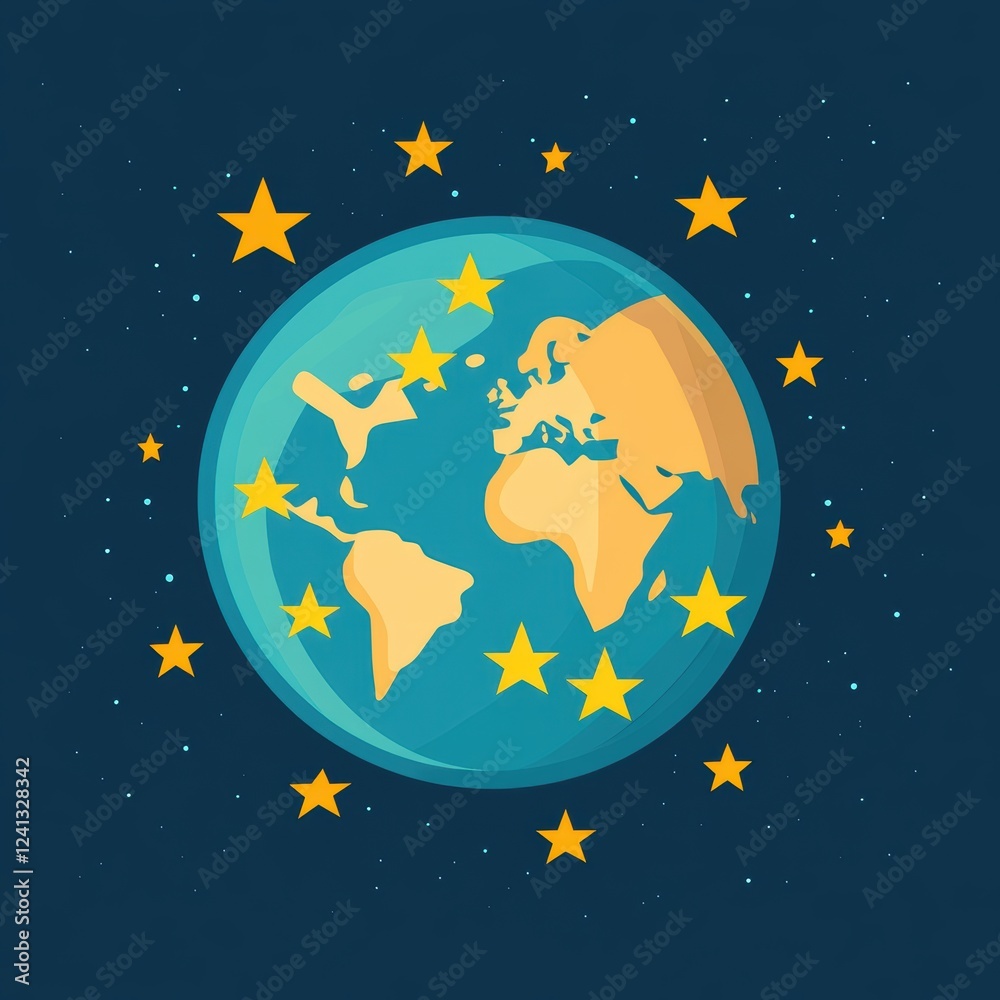 Stylized globe illustration with stars and a cosmic background, representing global unity. Stylized globe illustration with stars and a cosmic background, representing global unity.
