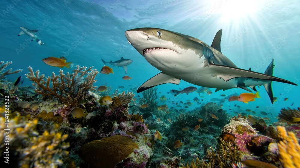 Fototapeta premium A majestic shark swimming gracefully among vibrant coral reefs in a sunlit ocean scene