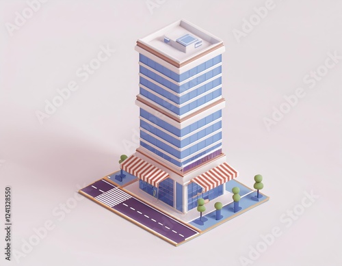 3D isometric low poly model of a city building with a striped awning sits on a small street