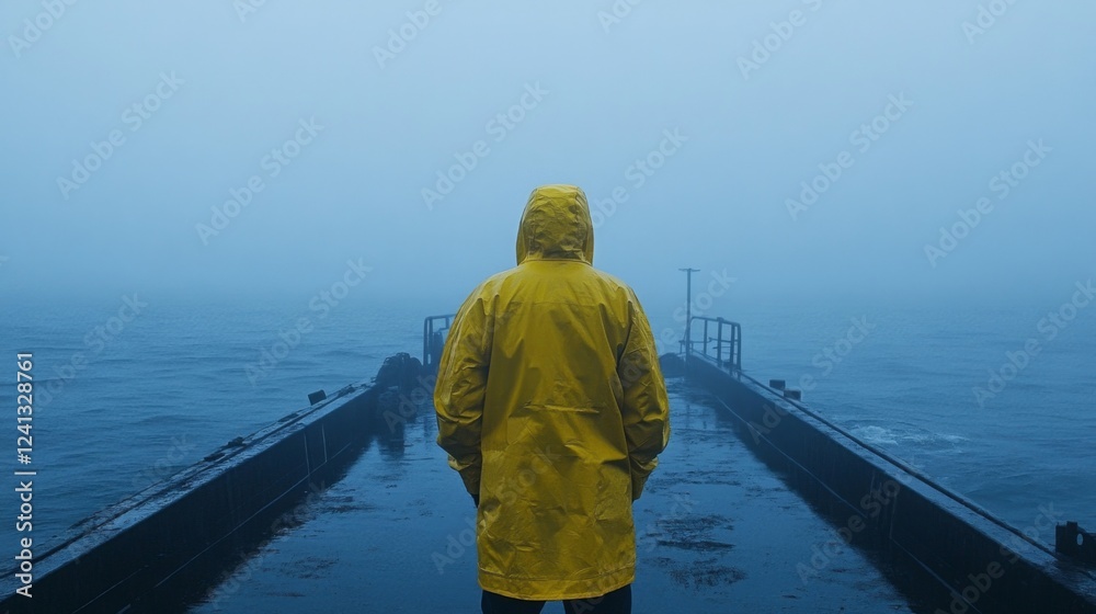 Fototapeta premium Person in Yellow Raincoat Stands by the Sea