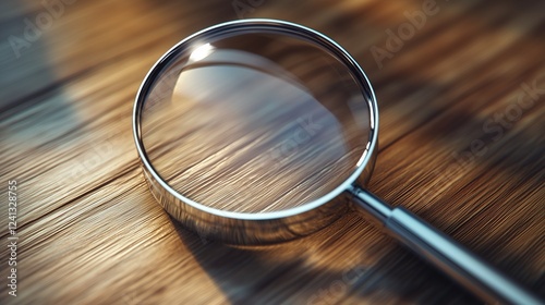 Magnifying glass on wooden surface close up view for detailed inspection and analysis in natural light photo