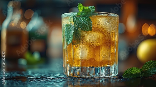 Refreshing cocktail in a glass served with mint leaves in a dimly lit bar setting during an evening gathering photo