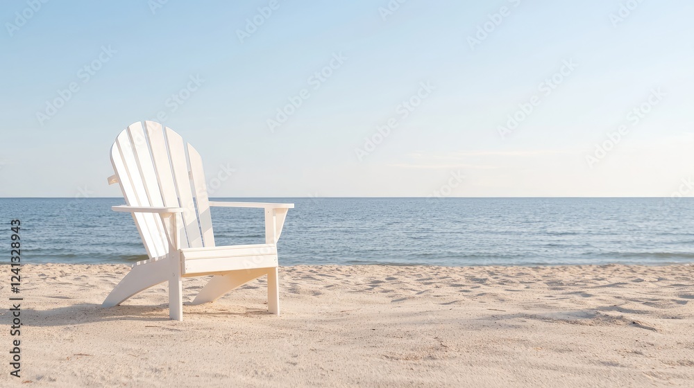 White Adirondack chair on sandy beach, calm ocean background; relaxation White Adirondack chair on sandy beach, calm ocean background; relaxation