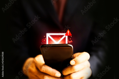 Digital mobile phone hacked warning alert, email hack, scam malware spreading virus on message alert virtual on mobile phone screen