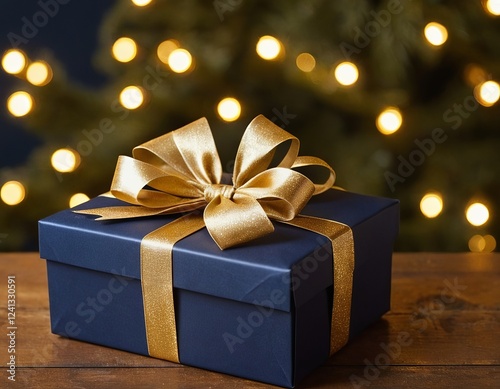 A beautifully wrapped navy blue gift box with a shiny gold bow, set against a backdrop of soft, glowing lights.
