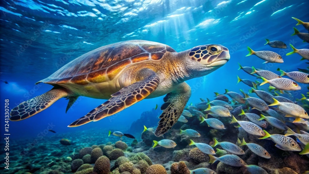 Fototapeta premium Majestic Sea Turtle Swimming Among Colorful Fish in Ocean Depths