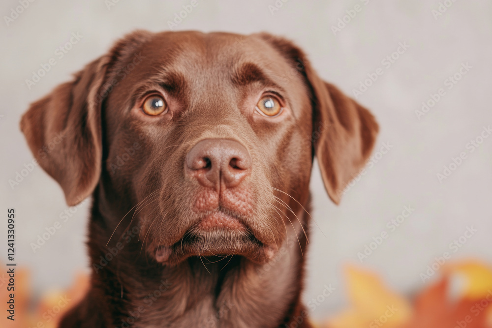 Chocolate labrador retriever with autumn leaves, focused expression, warm fall colors, outdoor portrait Chocolate labrador retriever with autumn leaves, focused expression, warm fall colors, outdoor portrait