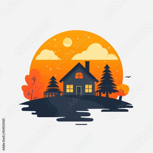 Warm-toned sunset house illustration with a lake reflection. photo