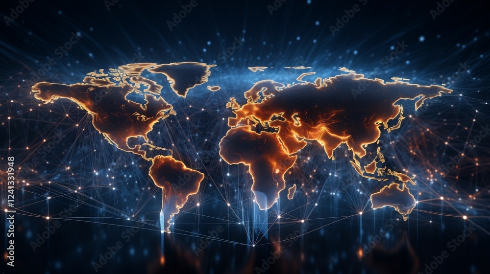 Futuristic digital connections with an illuminated world map in blue and orange, data visualization Futuristic digital connections with an illuminated world map in blue and orange, data visualization