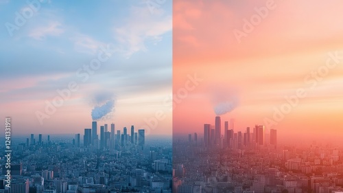 A side-by-side comparison of a city before and after PM 25 pollution, showing drastic changes in air clarity
