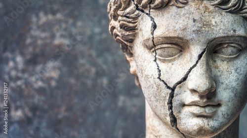 Cracked Marble Statue Head with Weathered Texture, Symbolizing Fragility and Endurance of Human History