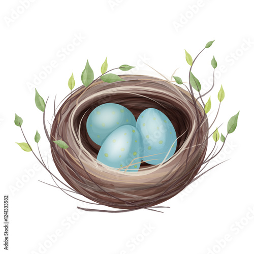 Realistic watercolour illustration of a bird's nest with three blue speckled eggs surrounded by thin branches. Vector illustration.