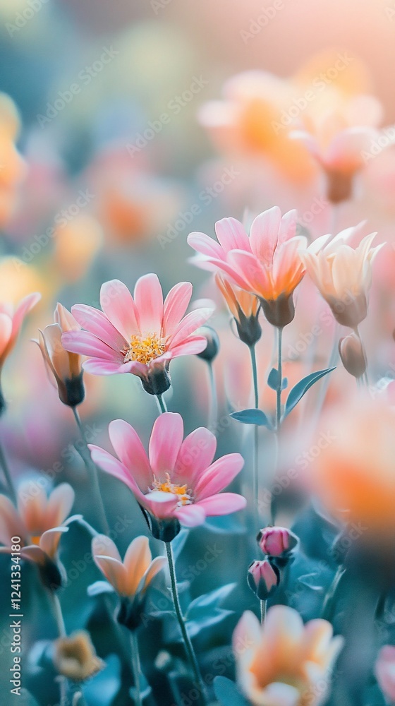 Fototapeta premium Pink flowers blooming in garden, sunrise background, nature wallpaper