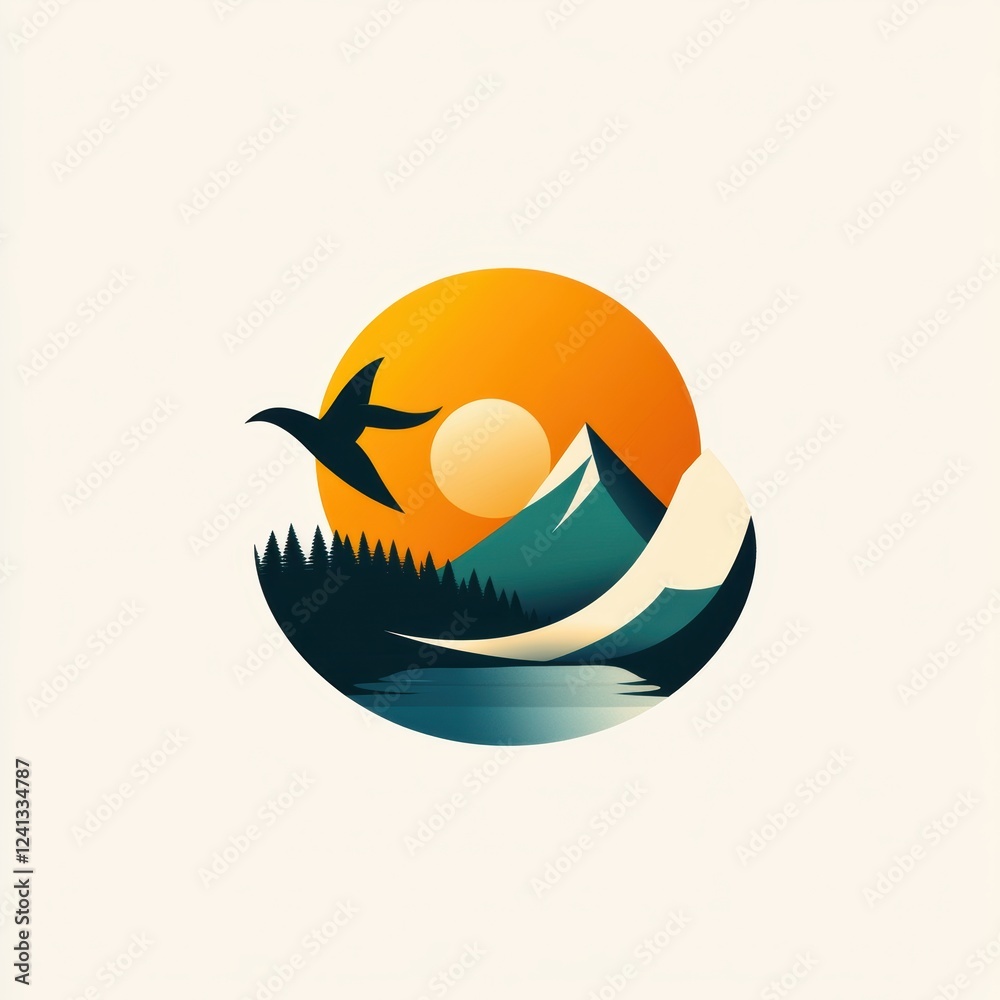 A stylized circular landscape of a lake at sunset with a flying bird. A stylized circular landscape of a lake at sunset with a flying bird.