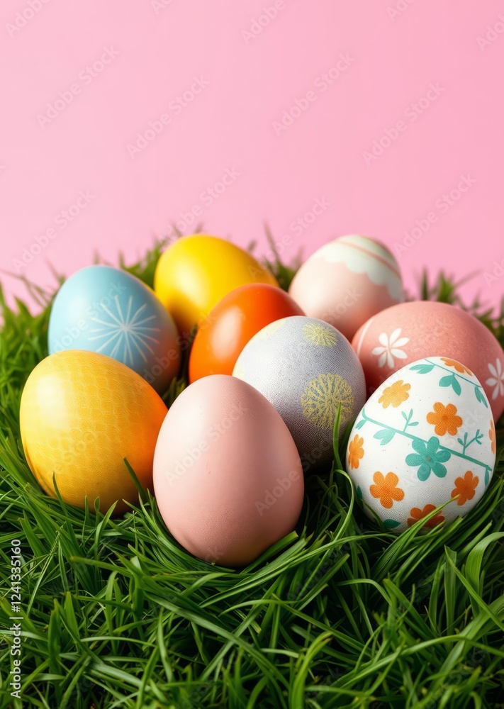 Colorful easter eggs displayed on grass with pink background easter background background celebration easter design holiday Colorful easter eggs displayed on grass with pink background easter background background celebration easter design holiday