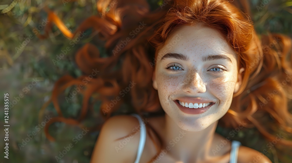 Young redhead woman with freckles and bright blue eyes smiling genuinely while lying on grass, natural sunlight illuminating her face in warm golden hour glow. Young redhead woman with freckles and bright blue eyes smiling genuinely while lying on grass, natural sunlight illuminating her face in warm golden hour glow.
