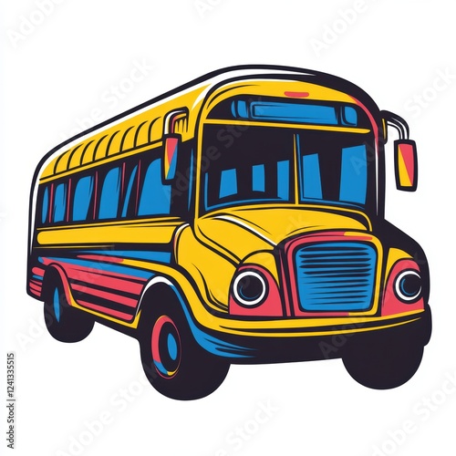 A colorful stylized school bus illustration in a bold, modern vector style.