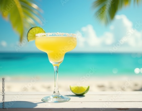 Fototapeta Naklejka Na Ścianę i Meble -  Tropical Margarita Cocktail on Beach, Summer Vacation Drink
