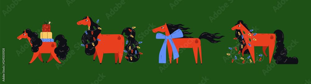 Obraz premium Set of red fire horses, symbol of Chinese New Year 2026. Animal with big blue bow, colorful garland and present box. Celebration. Poster, print, card. Vector illustration.