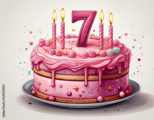Illustration of decorated pink cake for birthday or anniversary party. Number 7, seventh birthday celebration