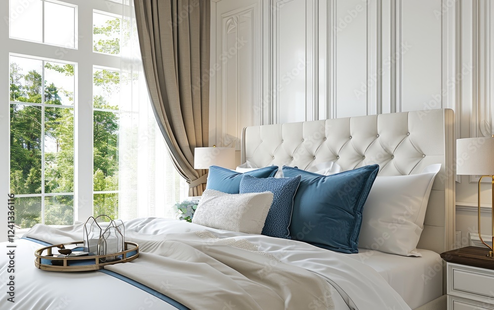 Serene bedroom with a white tufted headboard, blue and cream pillows near large windows overlooking a lush green landscape.