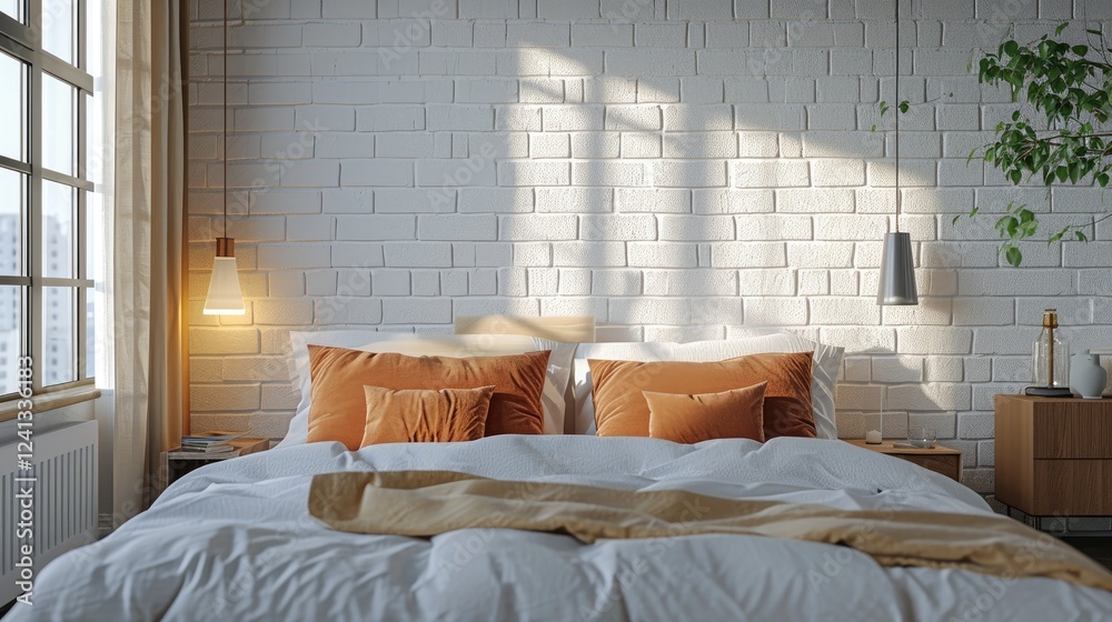 Scandinavian bedroom interior, White bedding orange pillows near wooden cabinet on white brick wall. Minimalist decor.