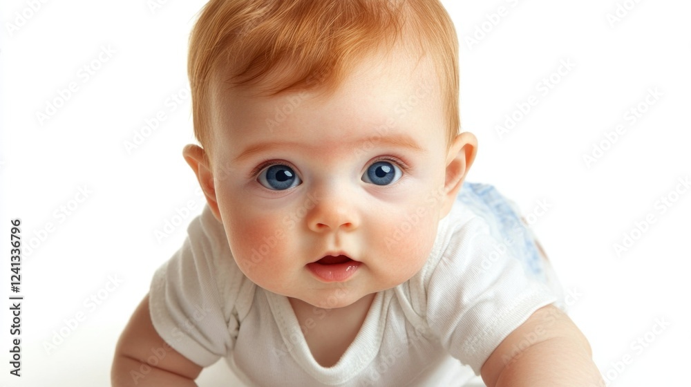 Adorable newborn with auburn hair and blue eyes crawling on a bright white background showcasing infant curiosity and innocence. Adorable newborn with auburn hair and blue eyes crawling on a bright white background showcasing infant curiosity and innocence.