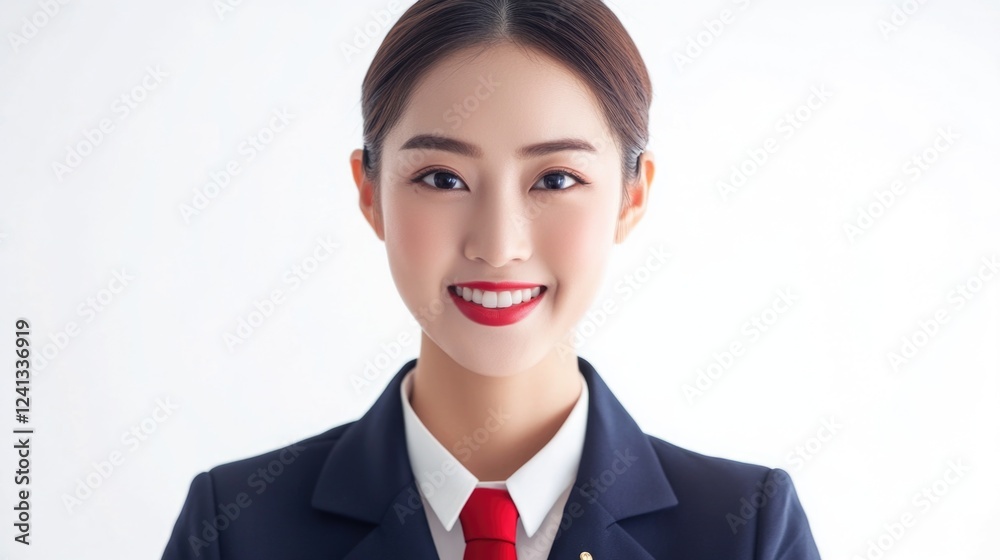 Cheerful young Asian female stewardess in navy uniform and red tie smiling against bright white background showcasing professionalism and elegance. Cheerful young Asian female stewardess in navy uniform and red tie smiling against bright white background showcasing professionalism and elegance.