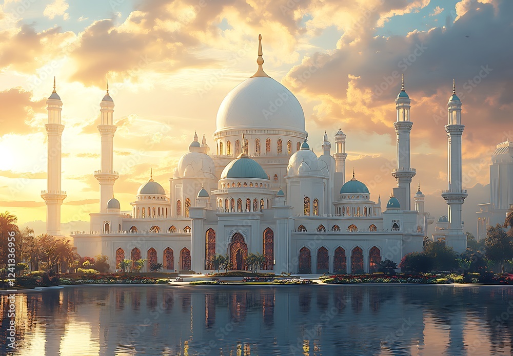Obraz premium Majestic Mosque with Blue Domes and Minarets Reflected in Calm Waters at Sunset