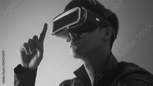 Man wearing virtual reality goggles interacting with a virtual interface against a minimalist grey background showcasing modern technology concepts photo