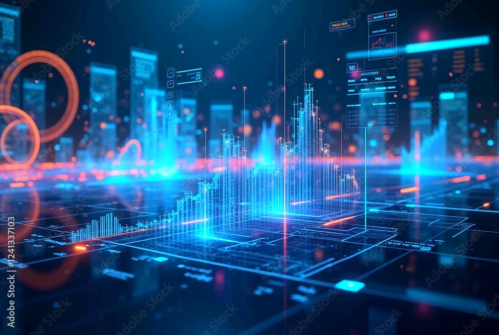Fototapeta premium Digital Vibrant Holographic Data Interfaces. 3D hologram displays financial charts surrounded by neon and floating data screens in a cyberpunk atmosphere